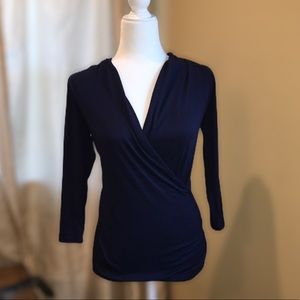 41 Hawthorn 3/4 sleeve blue faux wrap top